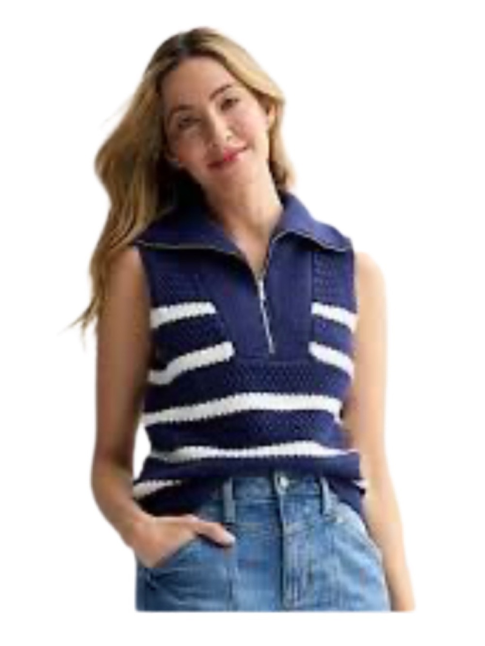 Sonoma Goods for Life Navy and White Striped Sleeveless Zip Polo Sweater Size PL